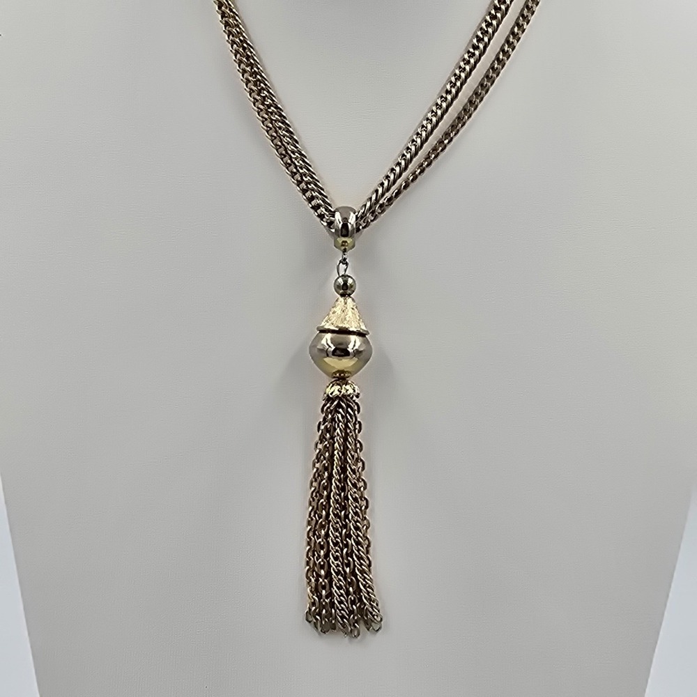 Vintage Tassel Double Chain Necklace Layered Two Tone 20"